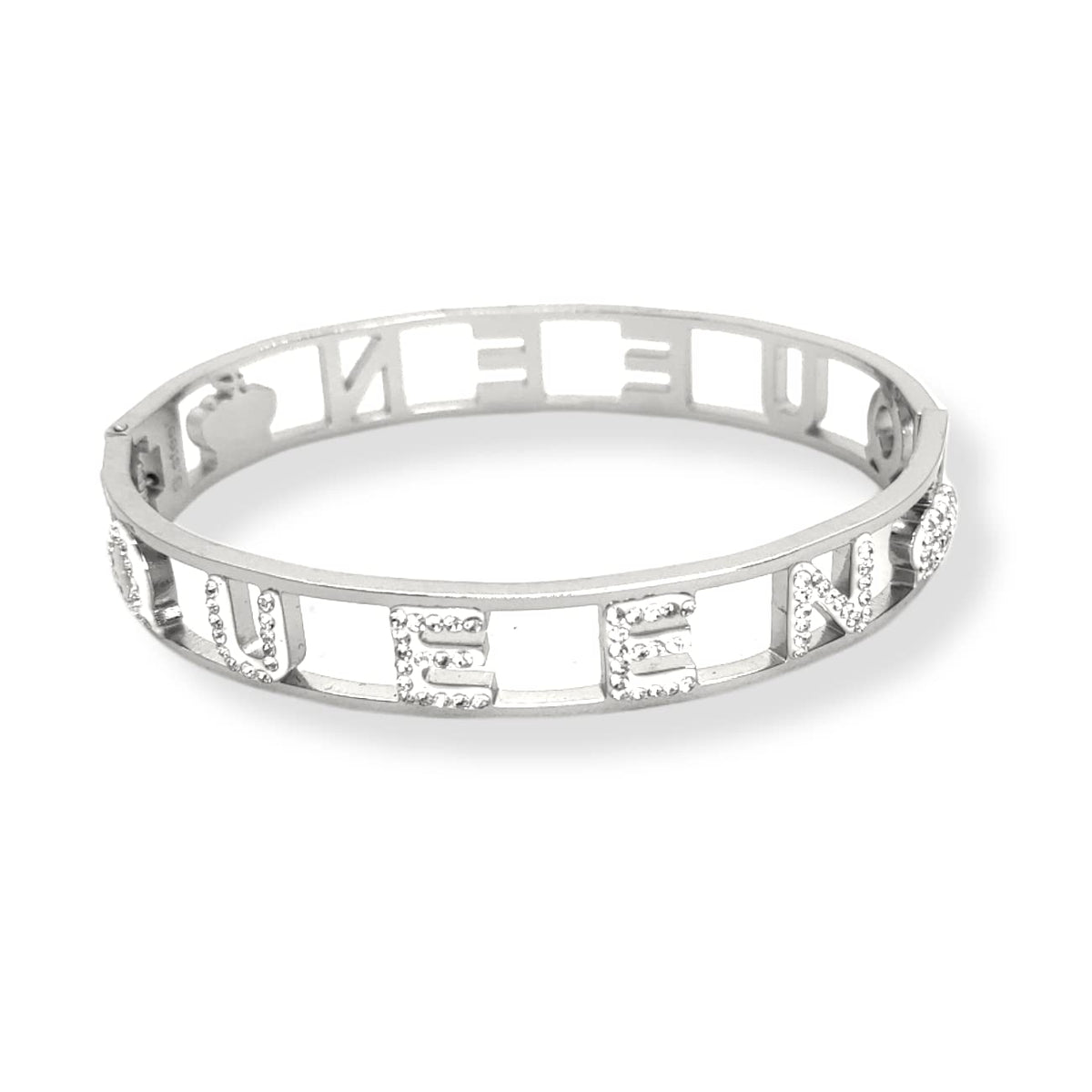 Habibi Jewels Bracciale Scritta Donna Acciaio Modello Rigido QUEEN Regina e Zirconi Bianchi Braccialetto Bracelet for woman Chiusura a Manetta Regalo Festa della Mamma Laurea Compleanno
