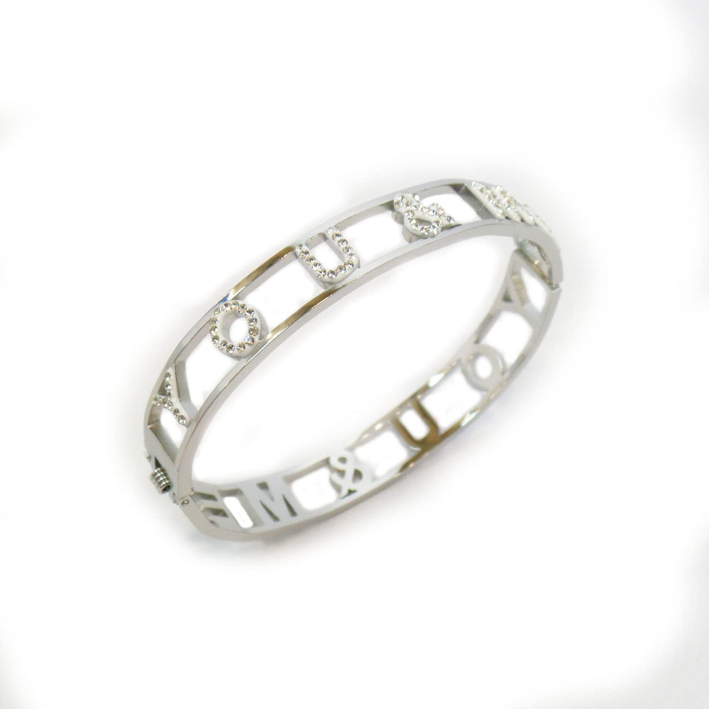 Habibi Jewels Bracciale You and Me Frase in Acciaio Modello Rigido da Donna con Scritta Zirconi Bianchi Braccialetto Bracelet for woman You & Me Chiusura a Manetta