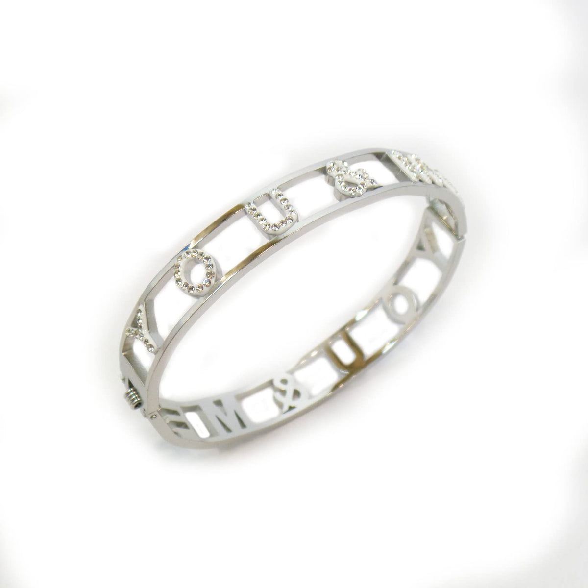 Habibi Jewels Bracciale You and Me Frase in Acciaio Modello Rigido da Donna con Scritta Zirconi Bianchi Braccialetto Bracelet for woman You & Me Chiusura a Manetta