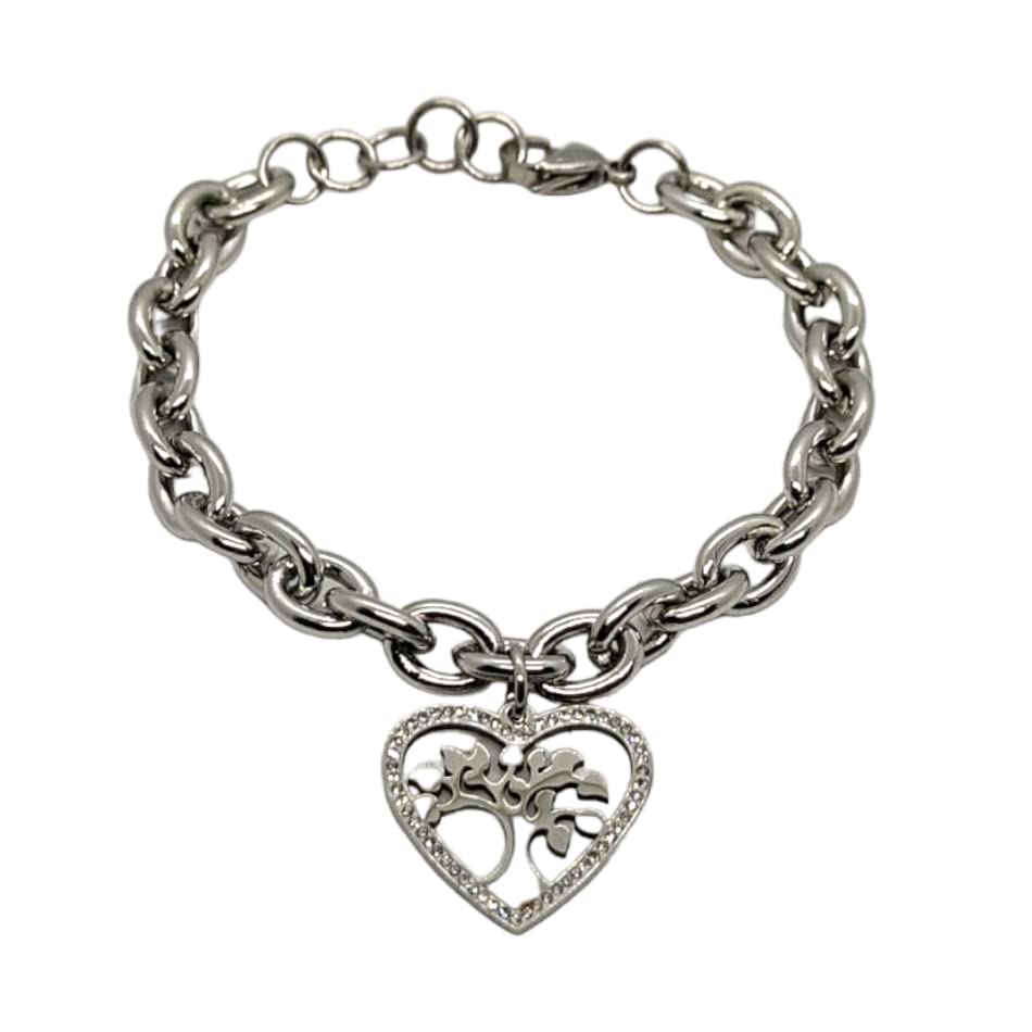 Bracciale da Donna in Acciaio con Cuore Albero della Vita Zirconi Brillantini Catena a Maglia Larga Braccialetto Compleanno Laurea Onomastico Festa della Mamma Festa della Donna Amicizia