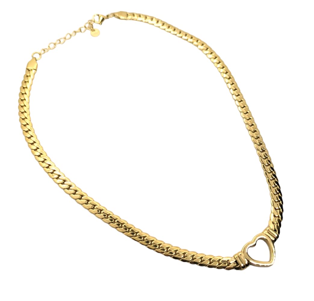 Habibi Jewels Collana a Girocollo da Donna in Acciaio con Cuore Centrale Color Oro Gold Modello Catena Maglia Cubana Idea Regalo Ragazza Compleanno Festa della Mamma Natale