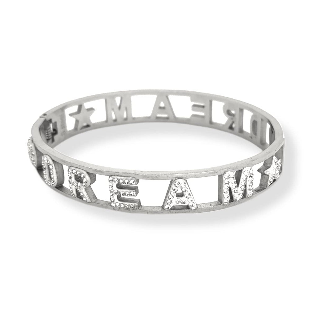 Habibi Jewels Bracciale Scritta Donna Acciaio Modello Rigido DREAM Sogno e Zirconi Bianchi Braccialetto Chiusura a Manetta Bracelet for woman Regalo Festa della Mamma Laurea Compleanno