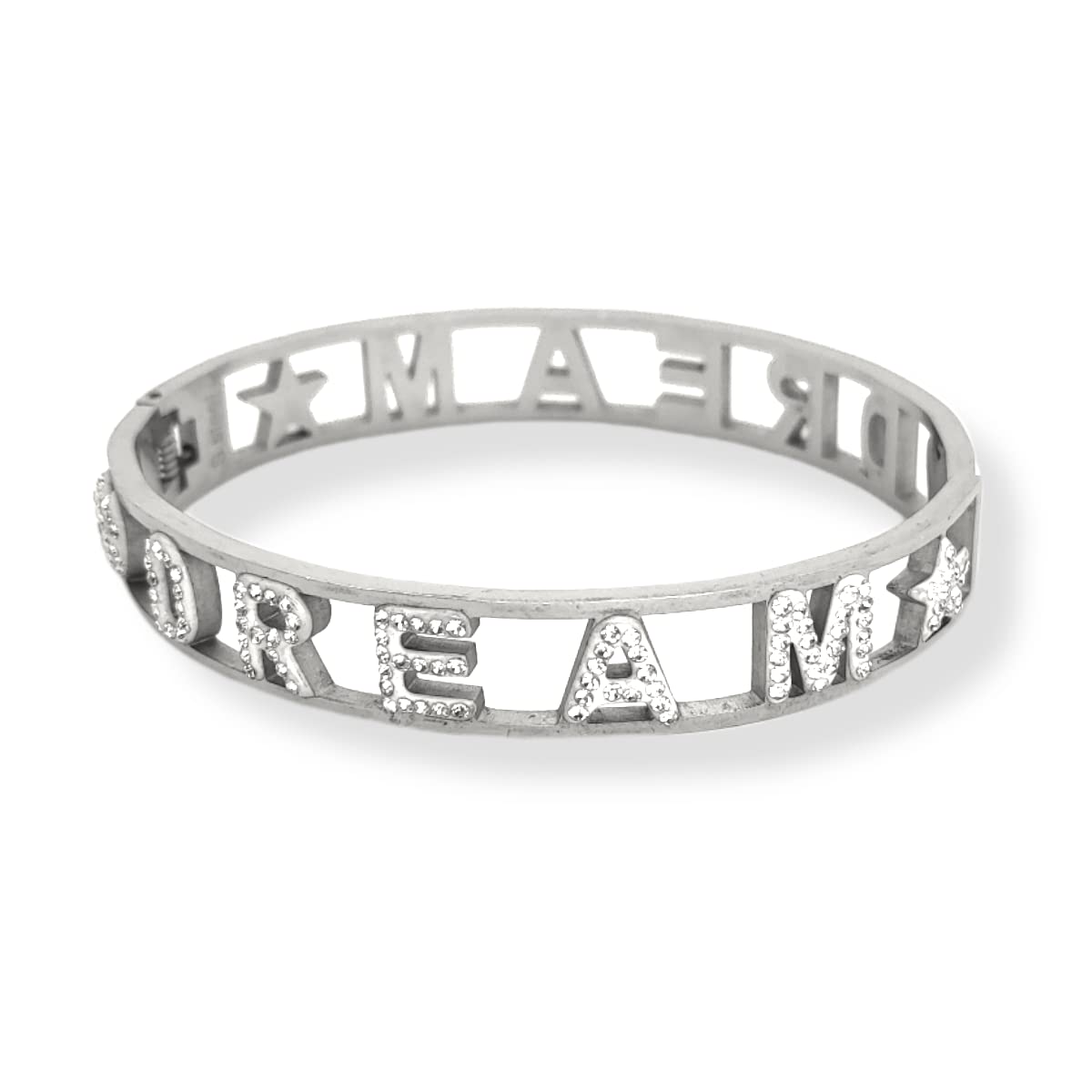 Habibi Jewels Bracciale Scritta Donna Acciaio Modello Rigido DREAM Sogno e Zirconi Bianchi Braccialetto Chiusura a Manetta Bracelet for woman Regalo Festa della Mamma Laurea Compleanno