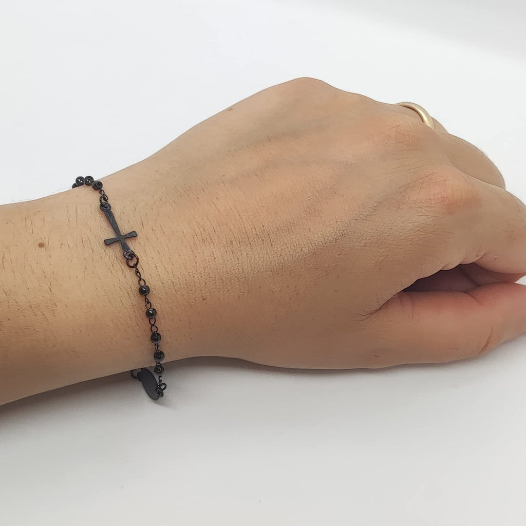 Habibi Jewels Bracciale Rosario in Acciaio colore nero da Uomo Donna con Croce e Medaglietta Braccialetto Unisex Idea Regalo Natale Compleanno Laurea