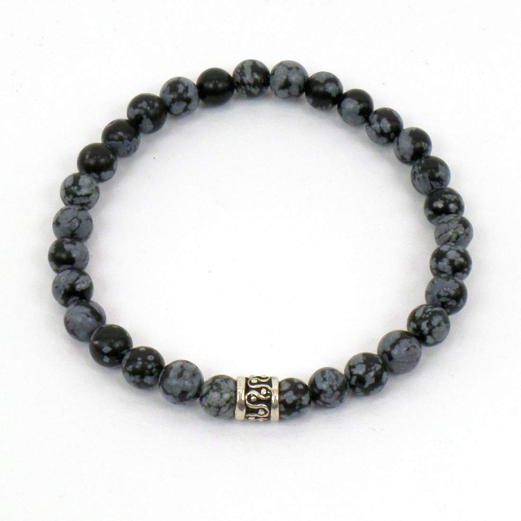 Bracciale Elastico con pietre dure naturali Ossidiana Fiocco di Neve 6 mm ed elemento centrale in argento 925 per Uomo Donna Made in Italy artigianale Fatto a mano