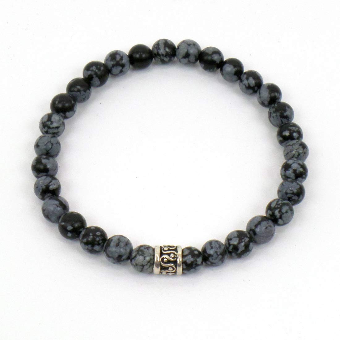 Bracciale Elastico con pietre dure naturali Ossidiana Fiocco di Neve 6 mm ed elemento centrale in argento 925 per Uomo Donna Made in Italy artigianale Fatto a mano