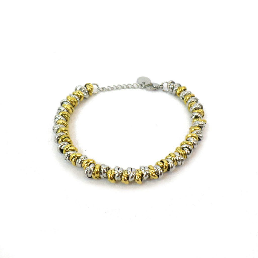 Bracciale Cerchietti da Donna in Acciaio con Nodini Intrecciati Color Acciaio e Oro Giallo Dorato Chiusura a Moschettone Braccialetto Idea Regalo Festa della Mamma Festa della Donna Compleanno Laurea