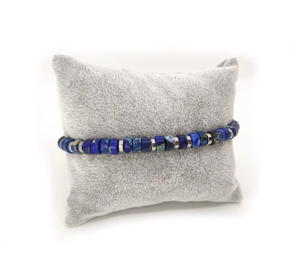 Habibi Jewels Bracciale da Uomo in Pietre Dure Rondelle Diaspro Blu da 6 mm con Elementi in Acciaio e Chiusura Scorrevole Finitura Lucida Lavorazione Artigianale Fatto a Mano Made in Italy