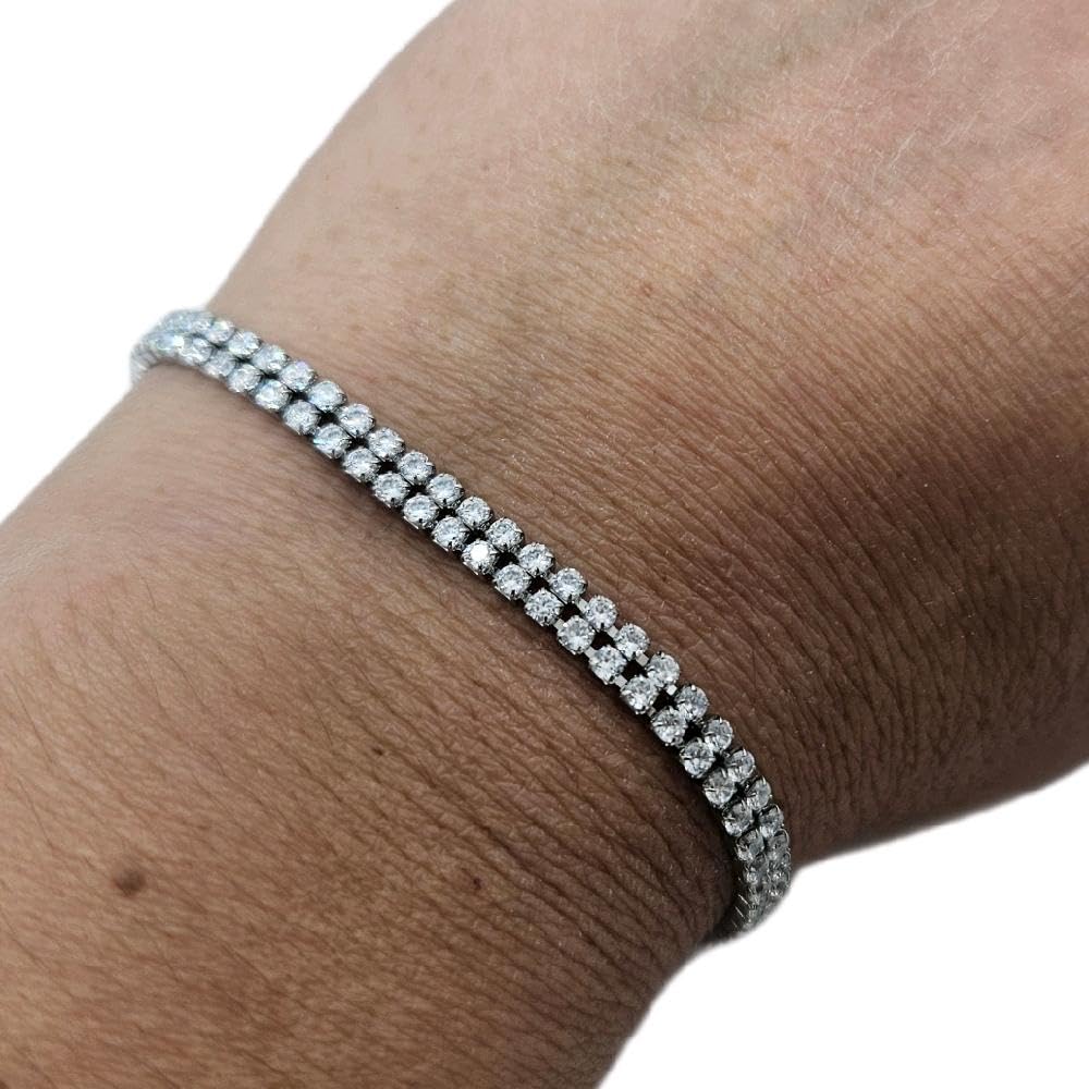 Bracciale Acciaio Doppio Tennis Silver con Cubic Zirconia da Donna in Acciaio e Zirconi Colore Silver Argentato per ogni Occasione Idea Regalo Ragazza Compleanno Festa della Mamma Natale