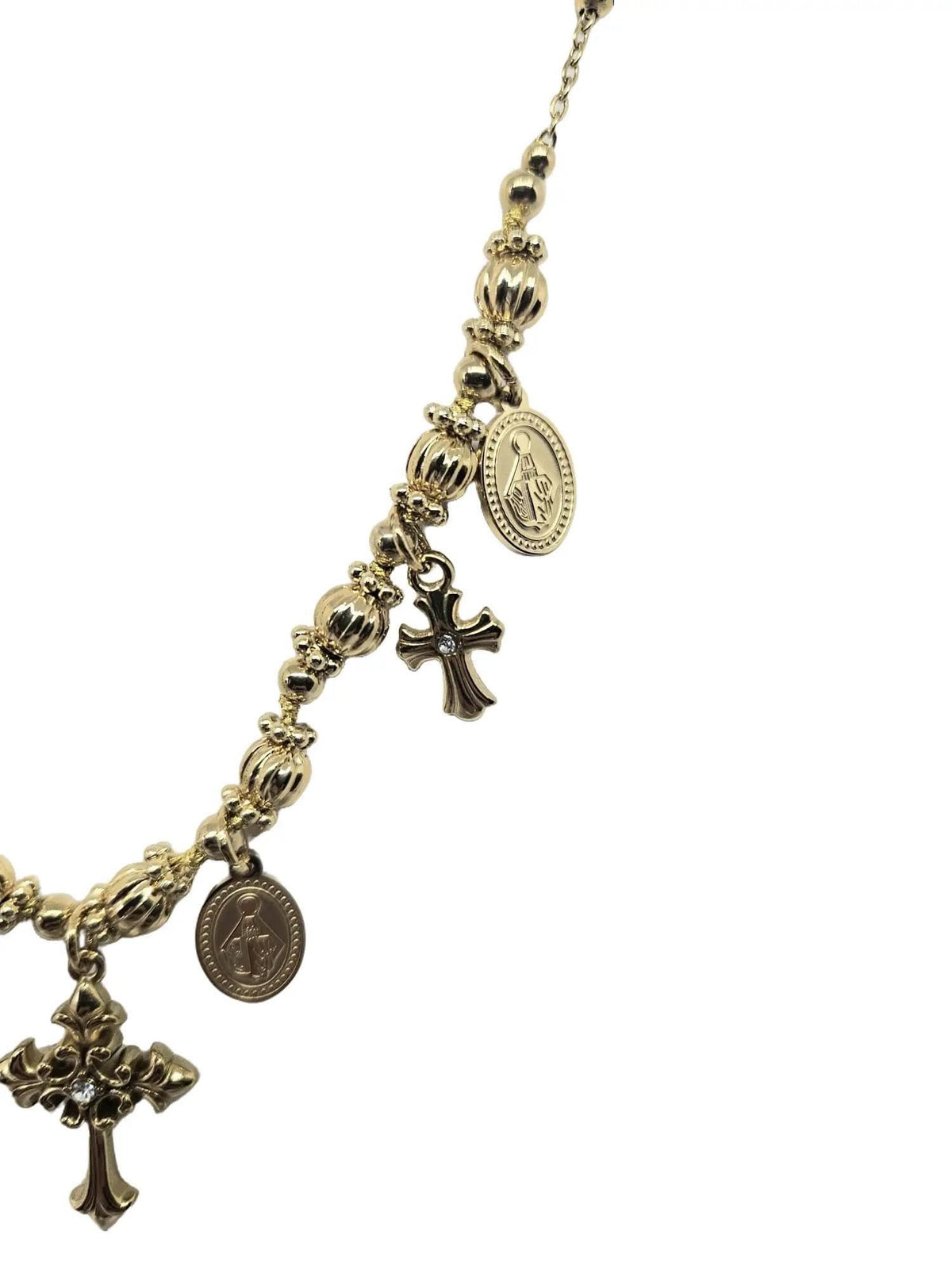 Habibi Jewels Collana Acciaio Croce Centrale Madonnina Gold Dorato da Donna con Sfere Croci Brillantini e Catenina Pallinata Chiusura a Moschettone Lunghezza 45+5 cm Regalo Perfetto