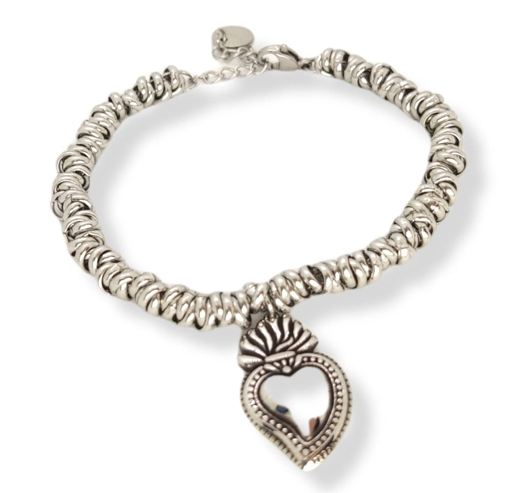 Habibi Jewels Bracciale donna acciaio con nodini cerchietti intrecciati con ciondolo a forma di Sacro Cuore Sacré Couer Ex Voto Idea Regalo Compleanno Festa della Mamma Natale