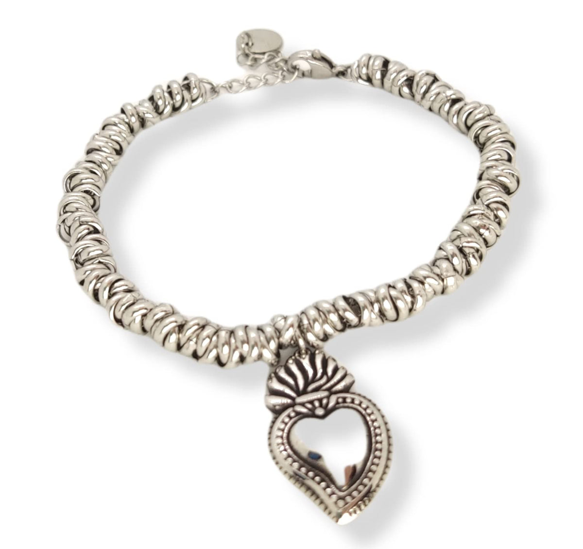 Habibi Jewels Bracciale donna acciaio con nodini cerchietti intrecciati con ciondolo a forma di Sacro Cuore Sacré Couer Ex Voto Idea Regalo Compleanno Festa della Mamma Natale