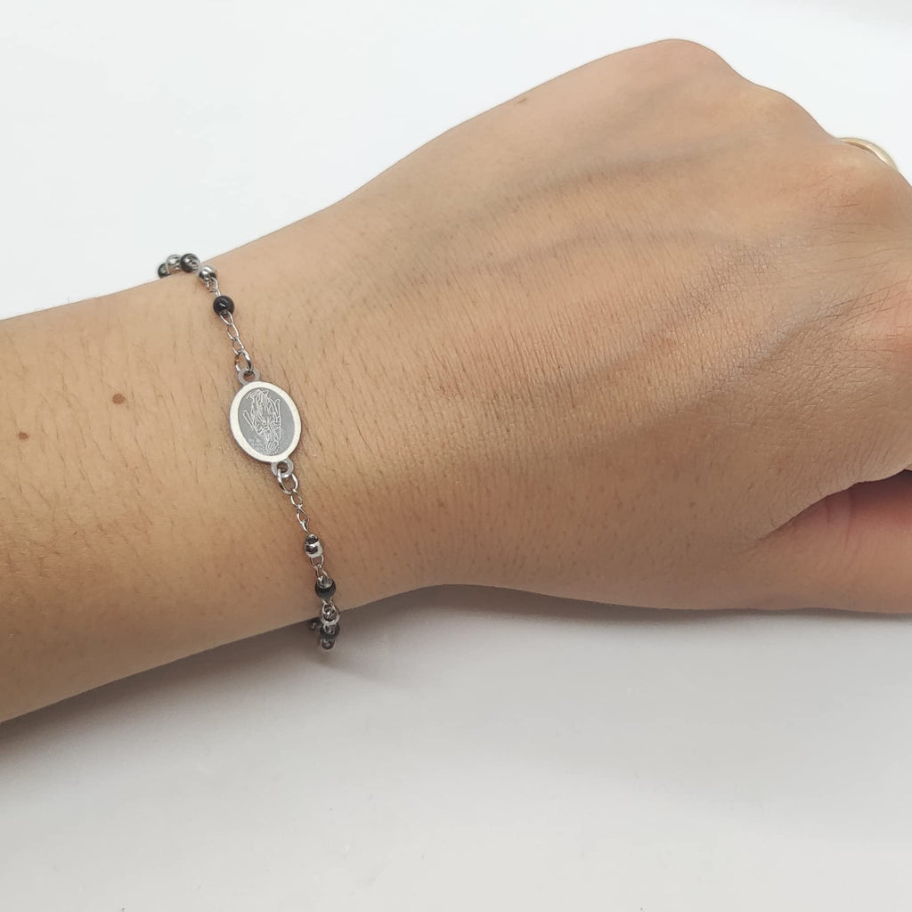 Habibi Jewels Bracciale Rosario in Acciaio colore Acciaio e nero da Uomo Donna con Croce e Medaglietta Braccialetto Unisex Crocifisso Compleanno Natale Idea Regalo Festa della Mamma