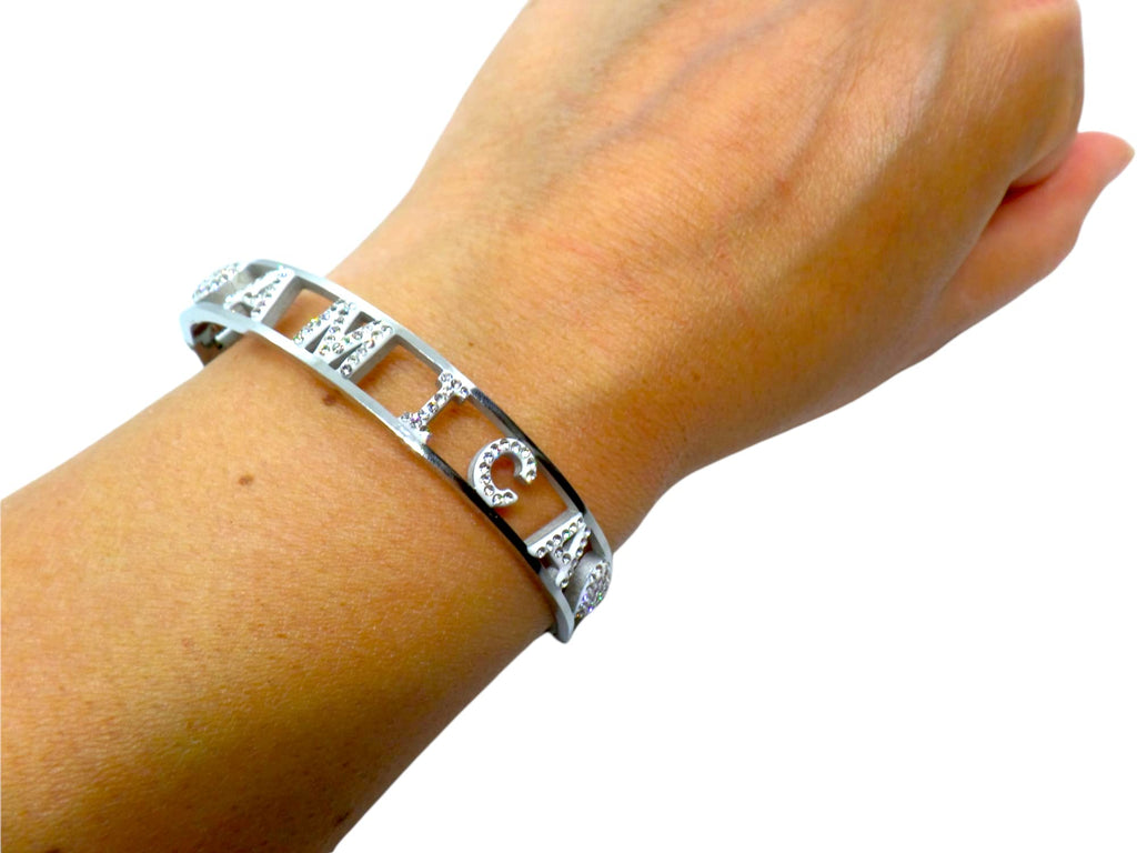 Habibi Jewels Bracciale AMICA in Acciaio Modello Rigido da Donna con Scritta Zirconi Bianchi Braccialetto Chiusura a Manetta Bracelet for woman Idea Regalo Compleanno Onomastico Laurea Amicizia