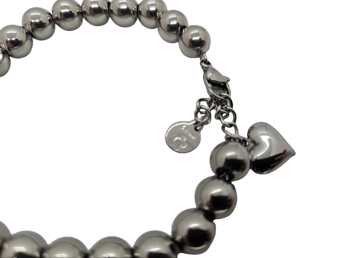 Habibi Jewels Bracciale Sfere e Cuore Sonaglio in Acciaio Silver Argentato 8 mm da Donna - Palline in Acciaio - Idea Regalo Ragazza Compleanno Festa della Mamma Natale
