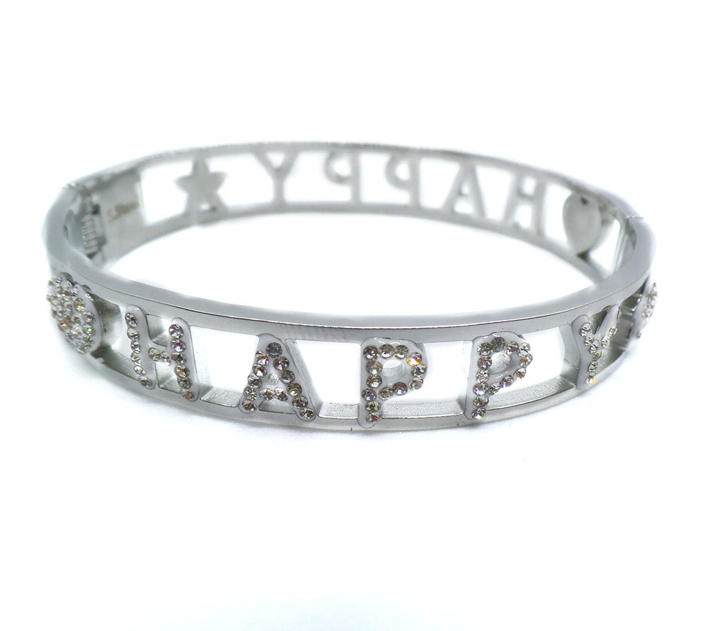 Habibi Jewels Bracciale Happy in Acciaio rigido da Donna Scritta zirconi bianchi braccialetto Chiusura a Manetta bracelet for woman Idea Regalo Compleanno Laurea Amicizia Amore