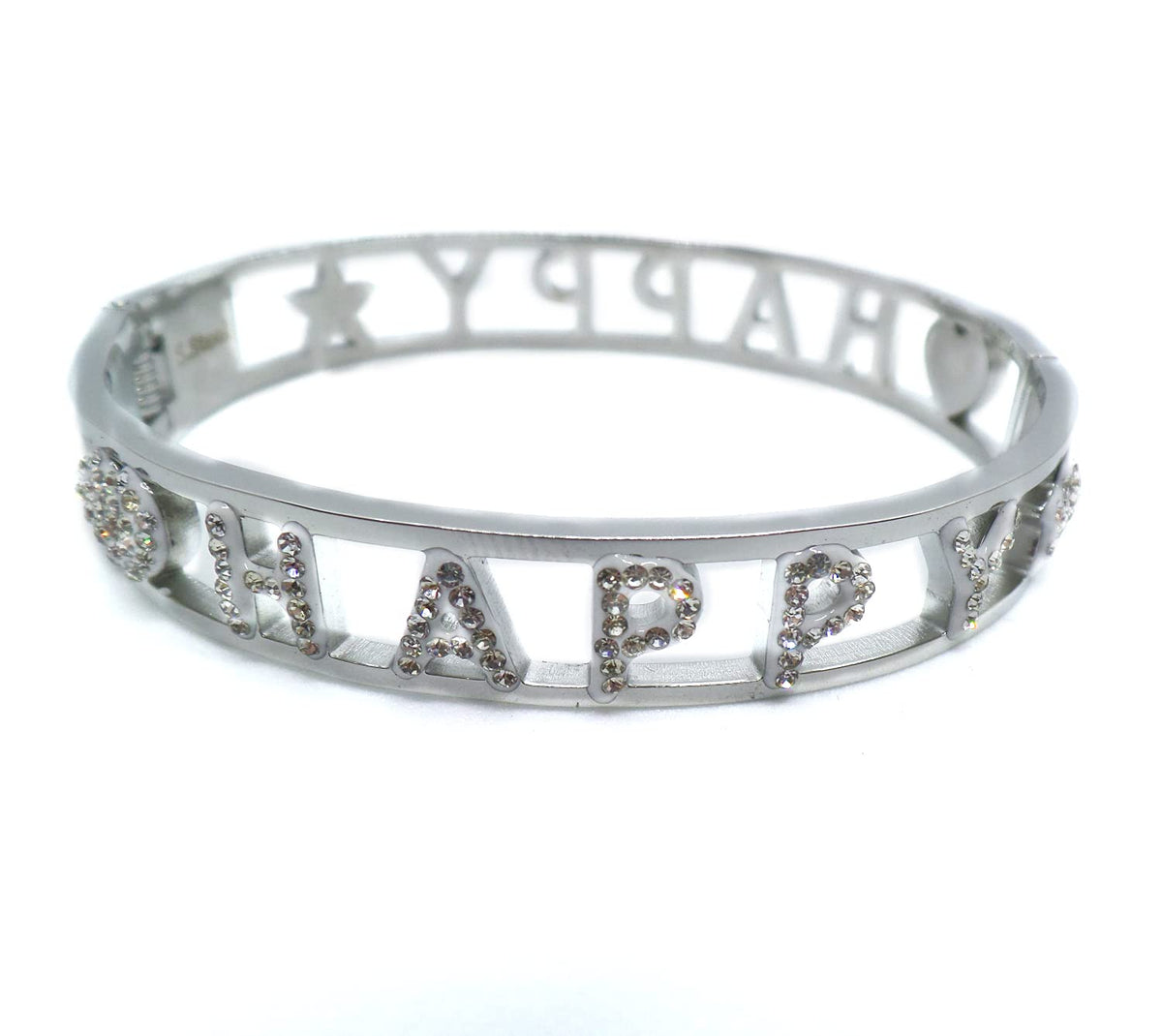 Habibi Jewels Bracciale Happy in Acciaio rigido da Donna Scritta zirconi bianchi braccialetto Chiusura a Manetta bracelet for woman Idea Regalo Compleanno Laurea Amicizia Amore