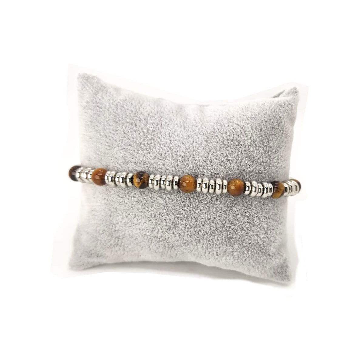 Bracciale da Uomo in Acciaio con Pietre Dure Occhio di Tigre 6 mm, dischetti in Acciaio Chiusura a Moschettone Lunghezza Regolabile Finitura Lucida Lavorazione Artigianale Fatto a Mano Made in Italy