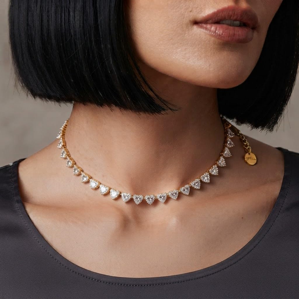 Habibi Jewels Collana Girocollo in Acciaio Gold con Zirconi a Cuore Modello Tennis da Donna Regolabile Idea Regalo Elegante e Versatile