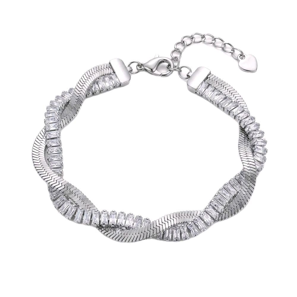 Habibi Jewels Bracciale Intrecciato Snake e Tennis Silver con Cristalli Baguette in Acciaio Design Elegante Idea Regalo