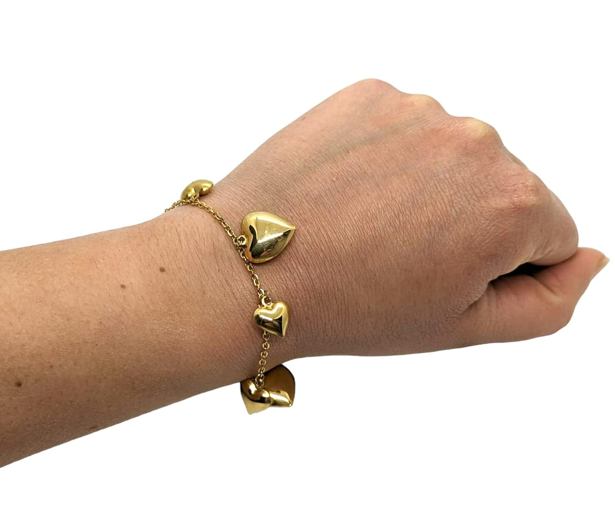 Habibi Jewels Bracciale in Acciaio da Donna con Cuori Pendenti Color Oro Gold Catena a Maglia Braccialetto Chiusura Moschettone Cuore Compleanno Laurea Onomastico Festa della Mamma