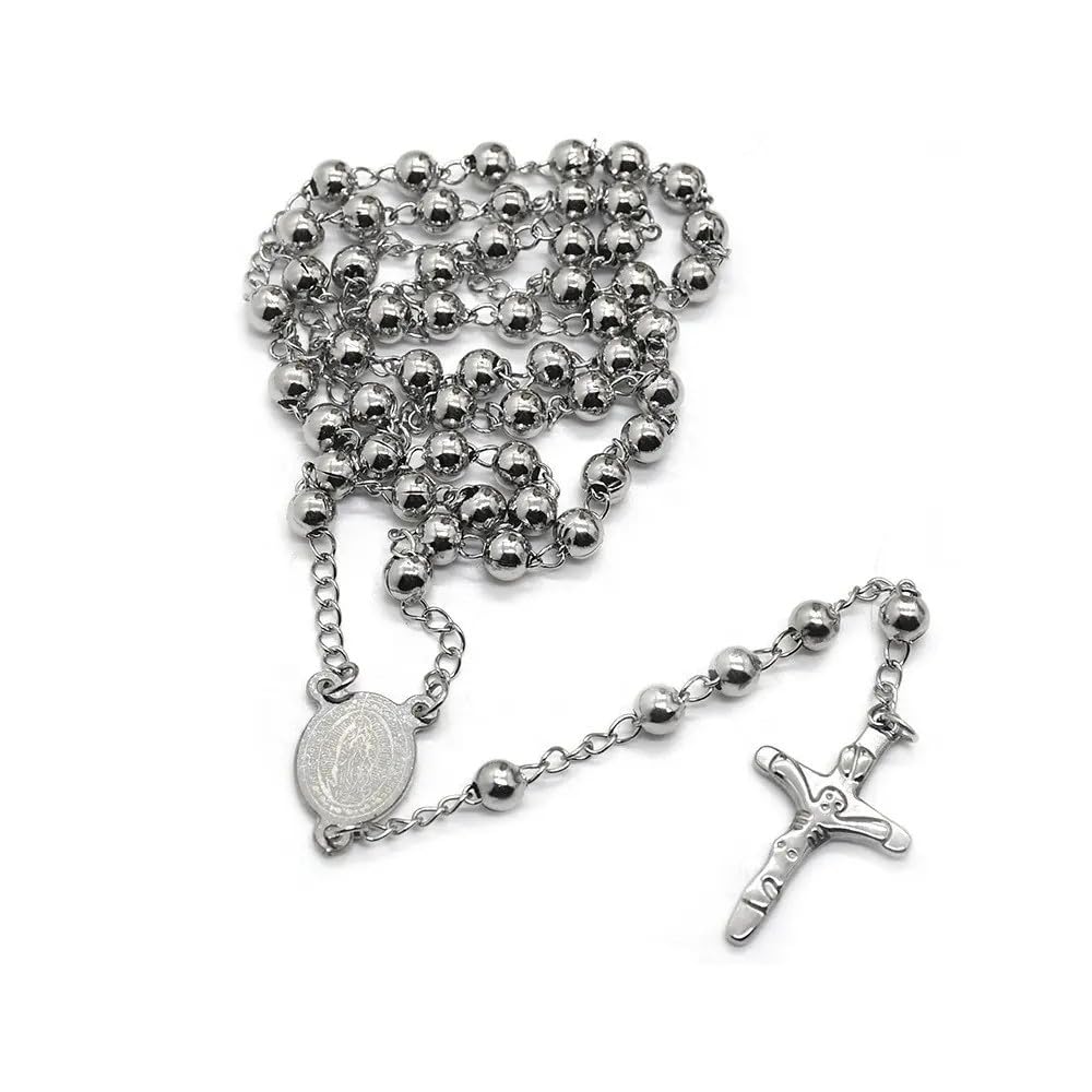 Habibi Jewels Collana Rosario in Acciaio da Uomo Donna Silver Argentata Grani Perline 6 mm Medaglietta Madonnina e Ciondolo Croce Idea Regalo Compleanno Laurea Onomastico Comunione