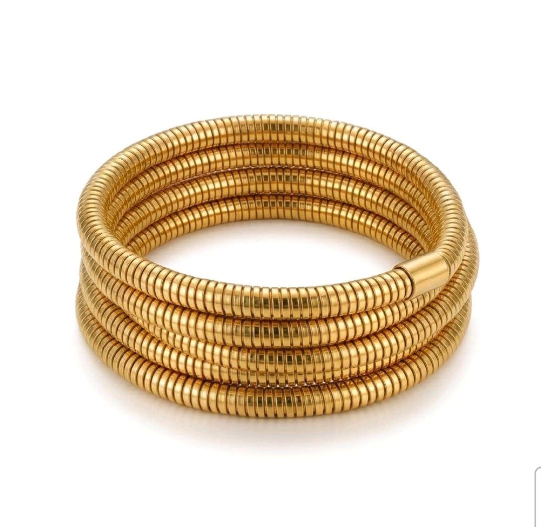 Habibi Jewels Bracciale in Acciaio Gold Dorato a Spirale a Molla Adatto a tutti i polsi da Donna Regolabile Idea Regalo