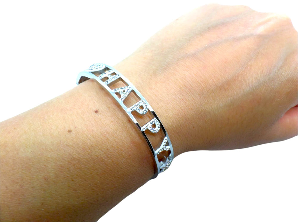 Habibi Jewels Bracciale Happy in Acciaio rigido da Donna Scritta zirconi bianchi braccialetto Chiusura a Manetta bracelet for woman Idea Regalo Compleanno Laurea Amicizia Amore
