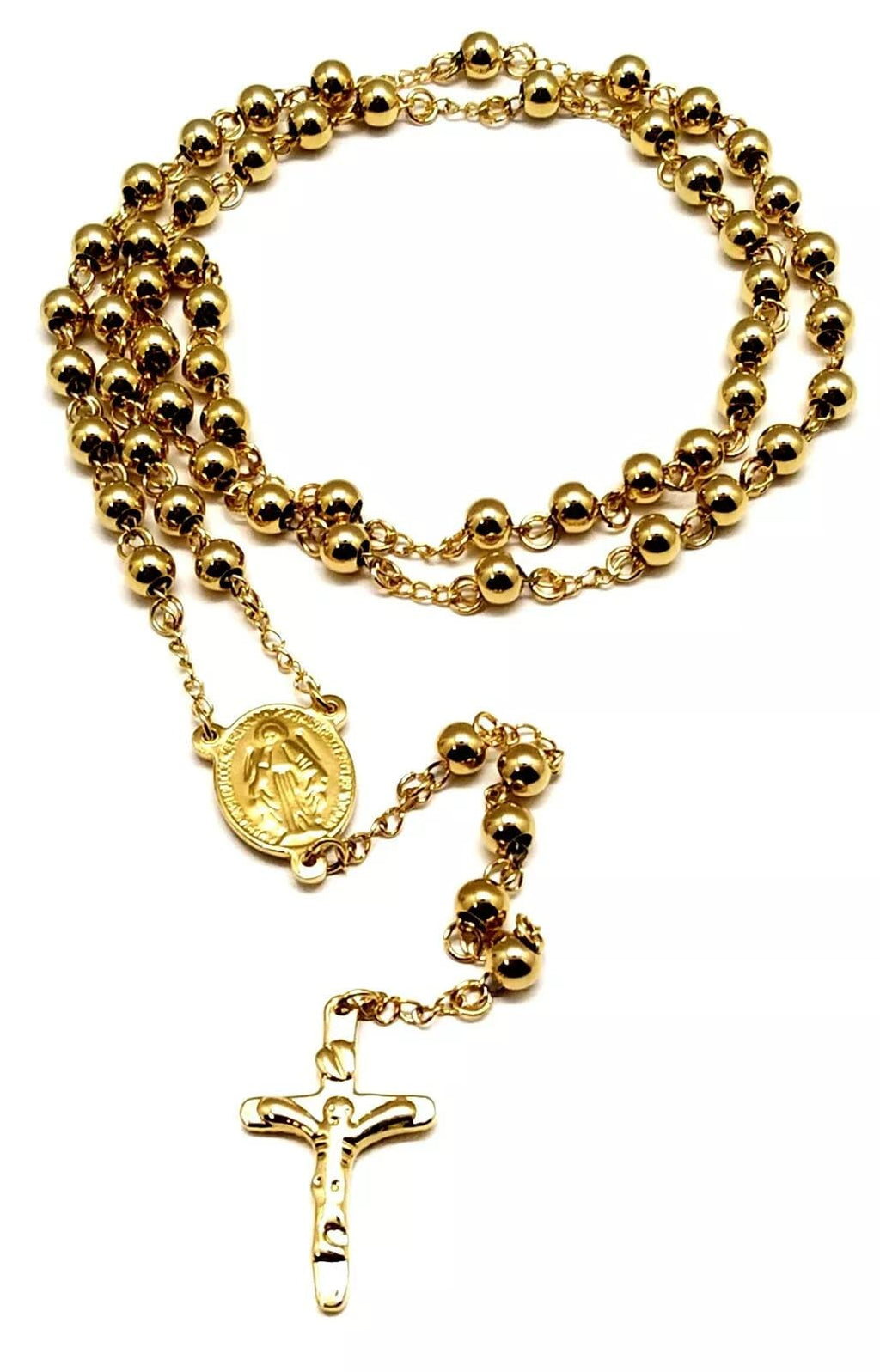 Habibi Jewels Collana Rosario in Acciaio da Uomo Donna Gold Oro Giallo Dorata Grani Perline 6 mm Dorata Medaglietta Madonnina e Ciondolo Croce Idea Regalo Compleanno Laurea Onomastico Comunione