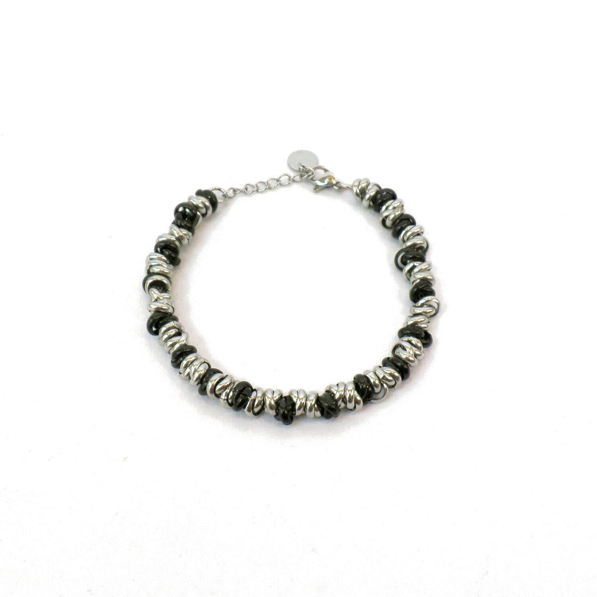 Bracciale Cerchietti Donna in Acciaio con Nodini Intrecciati Acciaio e Nero Chiusura a Moschettone Braccialetto Bracelet for Woman Idea Regalo Festa della Mamma Festa della Donna Compleanno Laurea