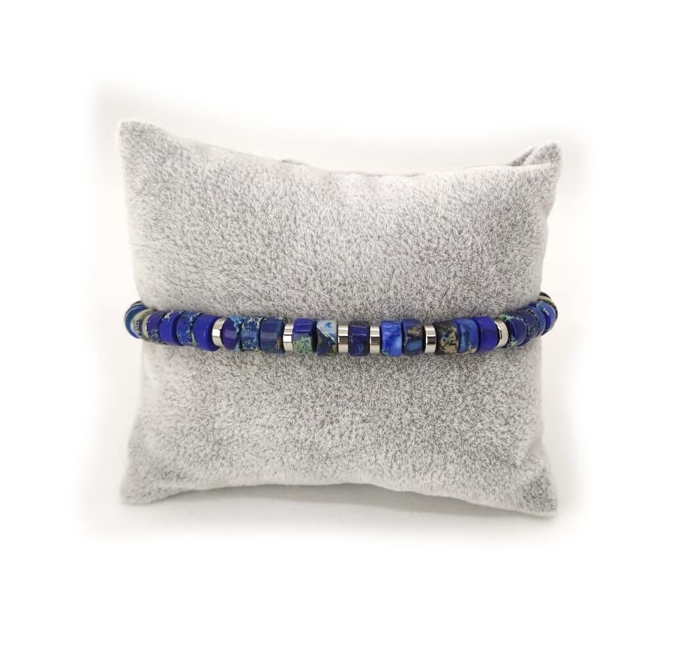 Habibi Jewels Bracciale da Uomo in Pietre Dure Rondelle Diaspro Blu da 6 mm con Elementi in Acciaio e Chiusura Scorrevole Finitura Lucida Lavorazione Artigianale Fatto a Mano Made in Italy