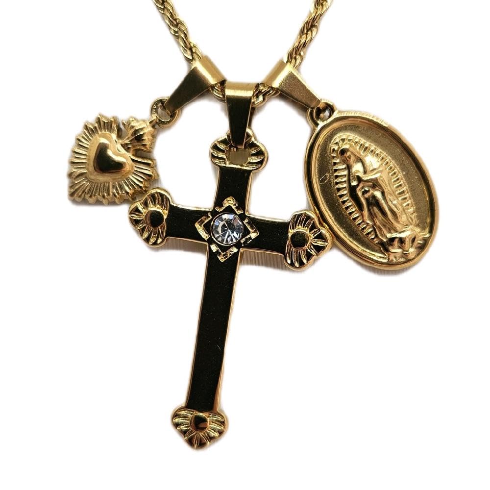 Habibi Jewels Collana Acciaio Croce Sacro Cuore Madonnina Gold Dorato con Collana Torchon Intrecciata per Donna Elegante e Moderna Festa della Mamma Compleanno Idea Regalo