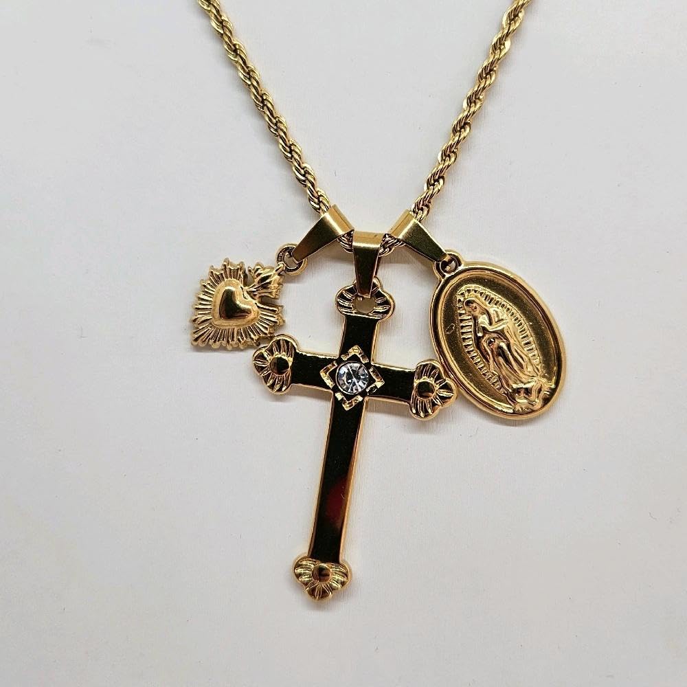 Habibi Jewels Collana Acciaio Croce Sacro Cuore Madonnina Gold Dorato con Collana Torchon Intrecciata per Donna Elegante e Moderna Festa della Mamma Compleanno Idea Regalo