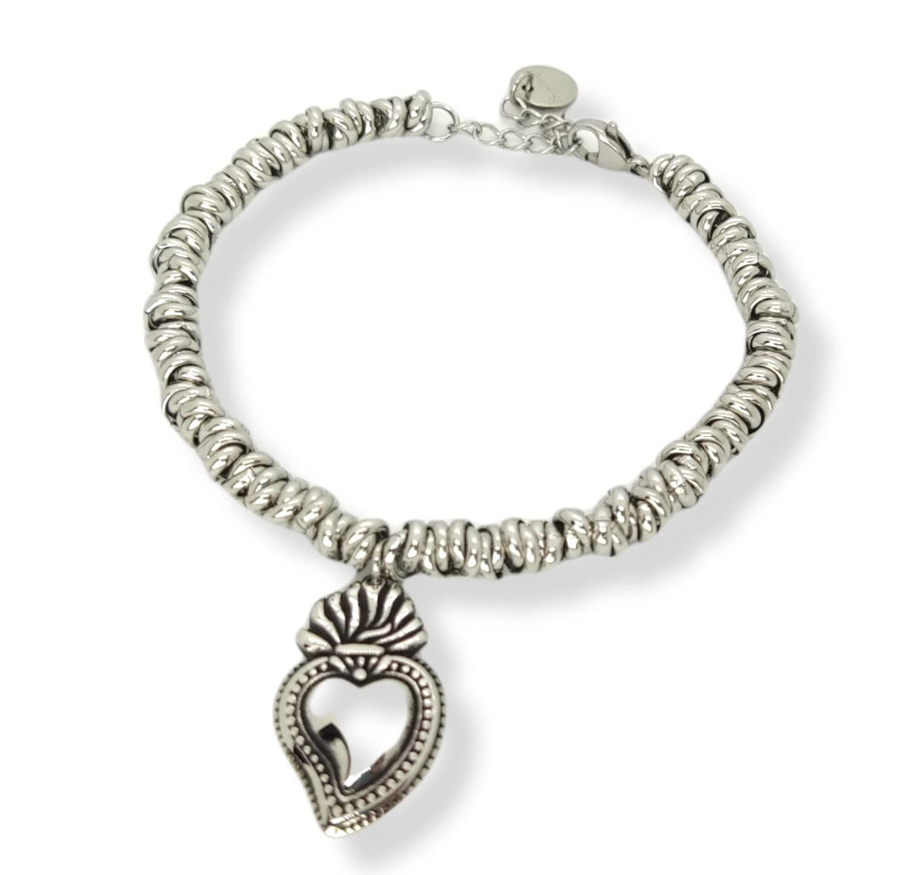 Habibi Jewels Bracciale donna acciaio con nodini cerchietti intrecciati con ciondolo a forma di Sacro Cuore Sacré Couer Ex Voto Idea Regalo Compleanno Festa della Mamma Natale