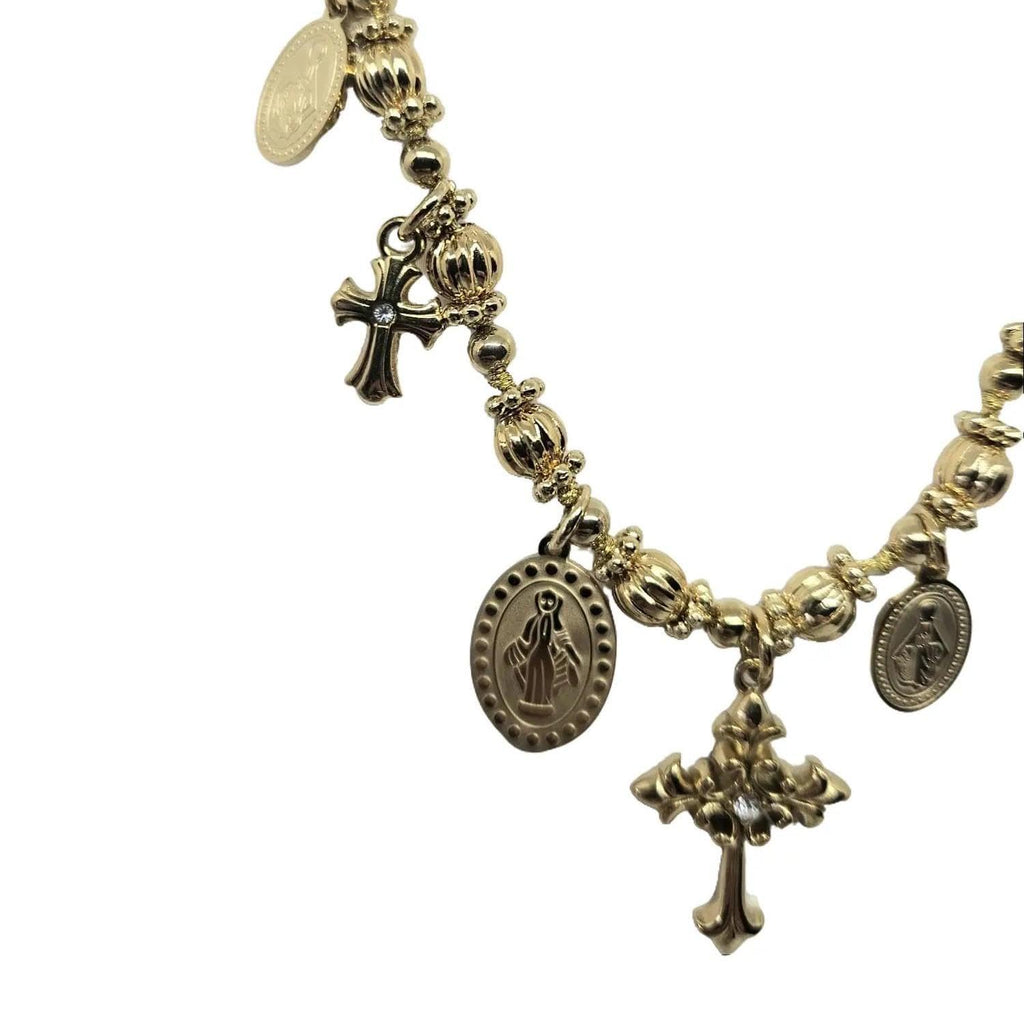 Habibi Jewels Collana Acciaio Croce Centrale Madonnina Gold Dorato da Donna con Sfere Croci Brillantini e Catenina Pallinata Chiusura a Moschettone Lunghezza 45+5 cm Regalo Perfetto