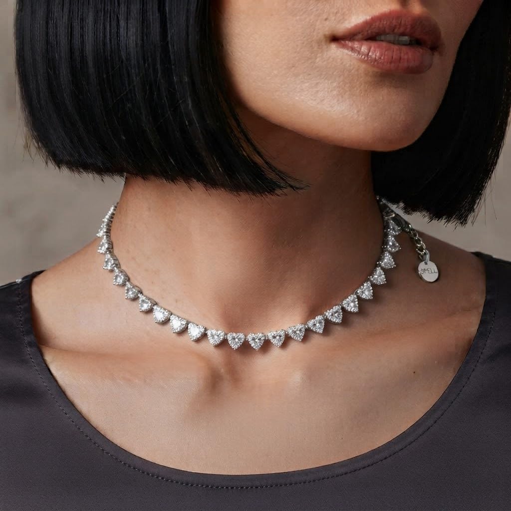 Habibi Jewels Collana Girocollo in Acciaio Silver con Zirconi a Cuore Modello Tennis da Donna Regolabile Idea Regalo Elegante e Versatile