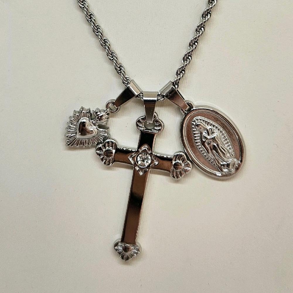 Habibi Jewels Collana Acciaio Croce Sacro Cuore Madonnina Silver Argentato con Collana Torchon Intrecciata per Donna Elegante e Moderna Festa della Mamma Compleanno Idea Regalo