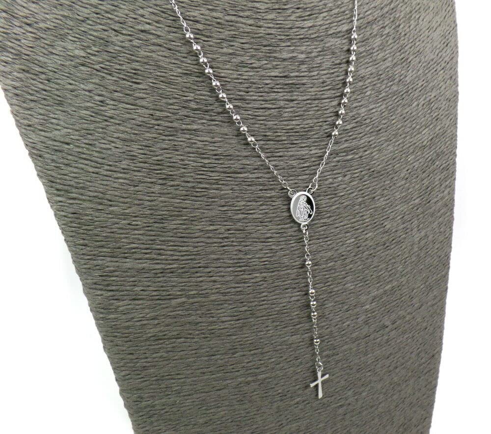 Habibi Jewels Collana Rosario in Acciaio da Uomo Donna Grani Perline Medaglietta Madonnina e Ciondolo Croce Idea Regalo Compleanno Laurea Onomastico Comunione