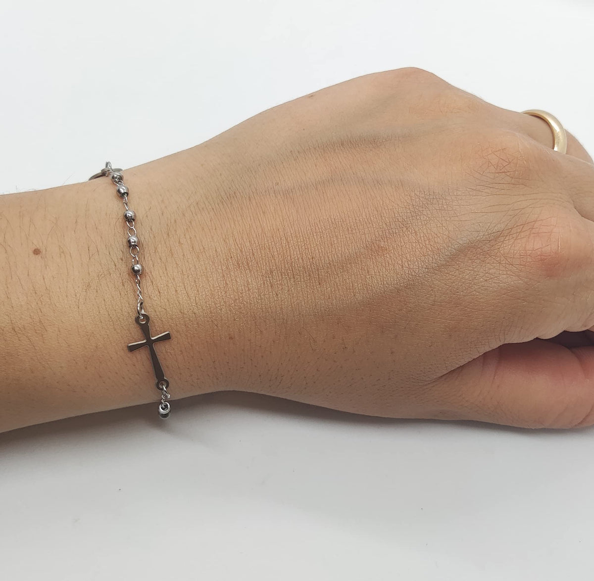 Habibi Jewels Bracciale da Uomo Donna in Acciaio Modello Rosario con Croce e Medaglietta Braccialetto Compleanno Comunione Amicizia Amore Idea Regalo