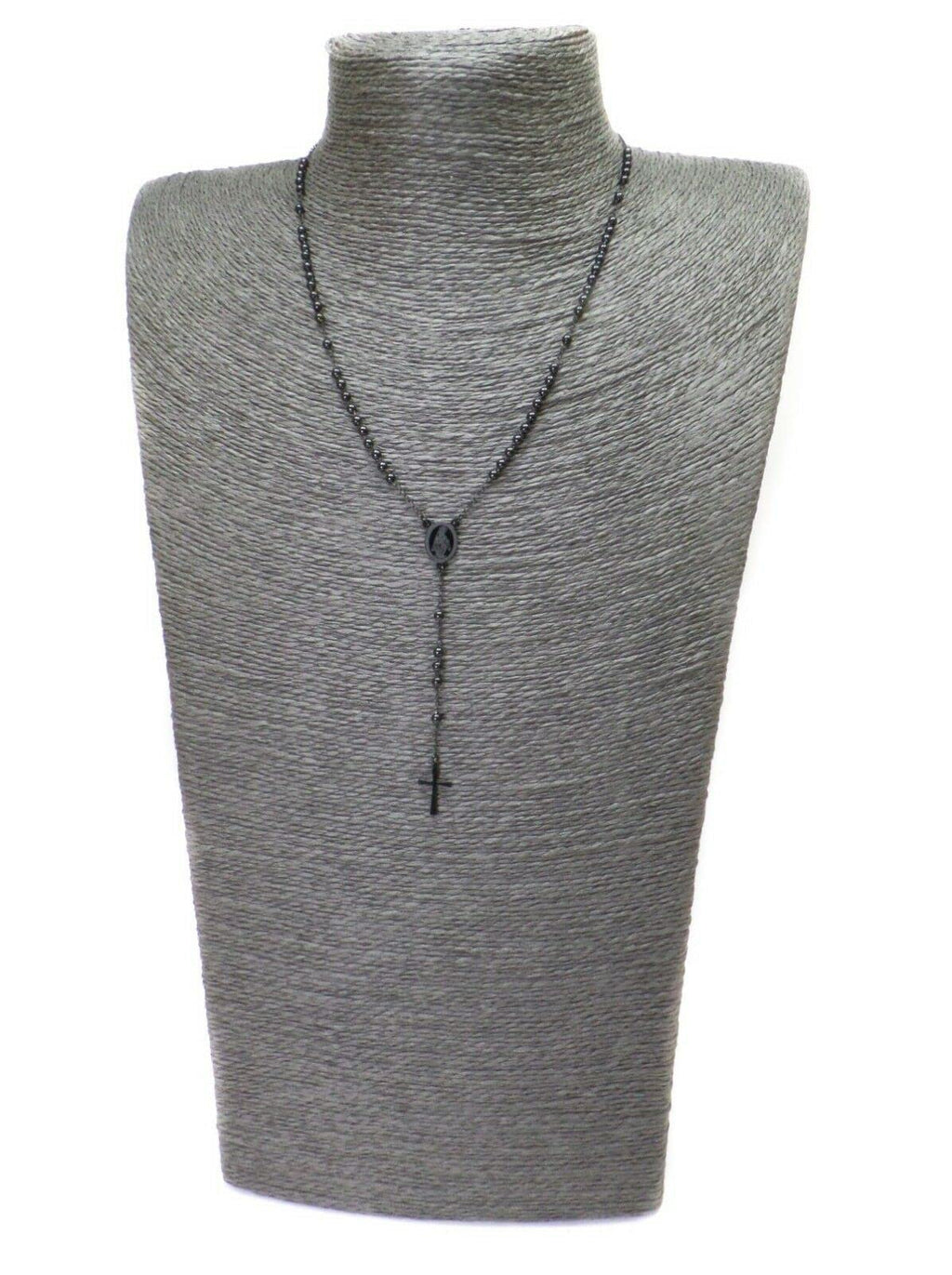 Habibi Jewels Collana Rosario in Acciaio da Uomo Donna Nera Grani Perline Medaglietta Madonnina e Ciondolo Croce Idea Regalo Compleanno Laurea Onomastico Comunione