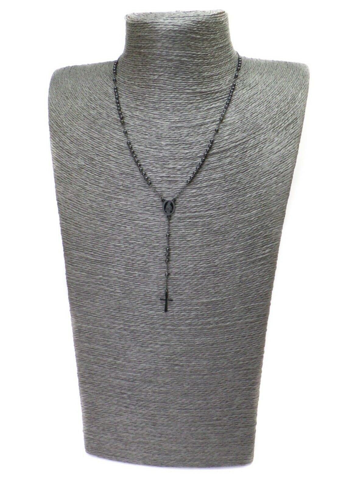 Habibi Jewels Collana Rosario in Acciaio da Uomo Donna Nera Grani Perline Medaglietta Madonnina e Ciondolo Croce Idea Regalo Compleanno Laurea Onomastico Comunione
