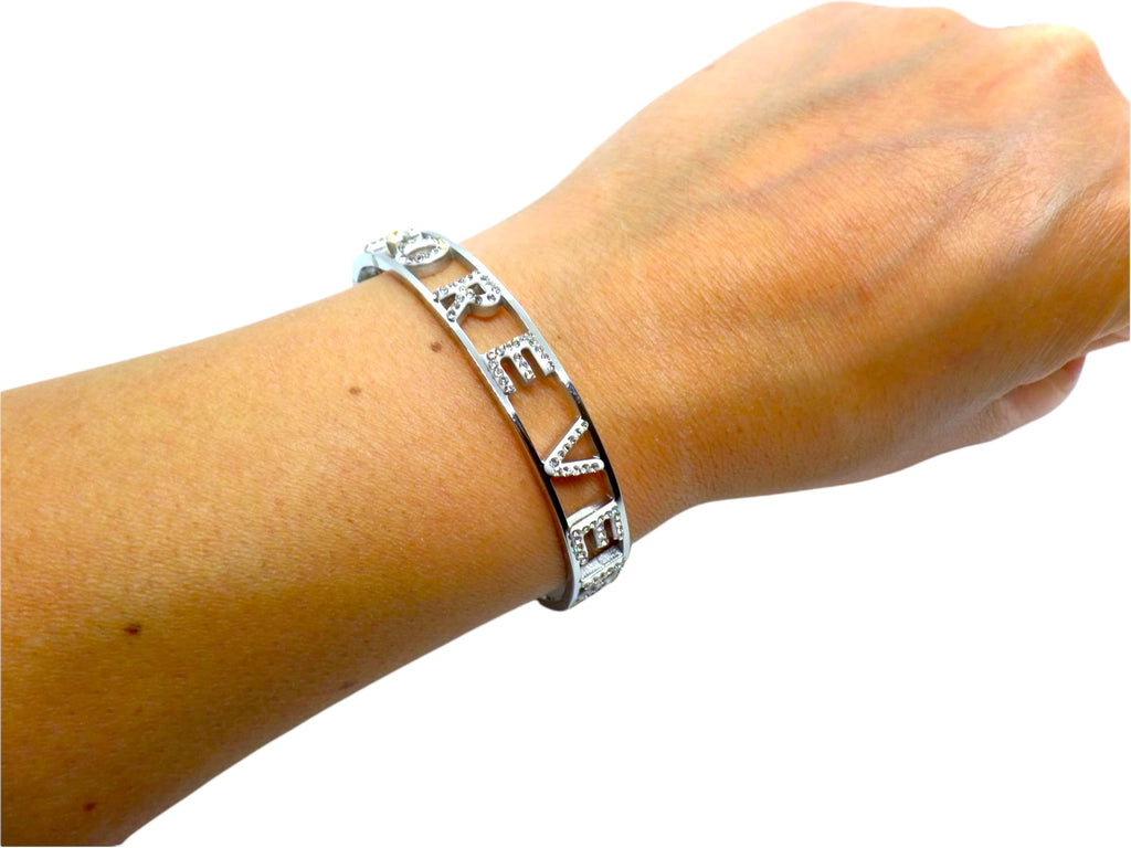 Habibi Jewels Bracciale FOR EVER in Acciaio Modello Rigido da Donna con Scritta Zirconi Bianchi Braccialetto Bracelet for woman Chiusura a Manetta Idea Regalo Compleanno Laurea Amicizia Amore