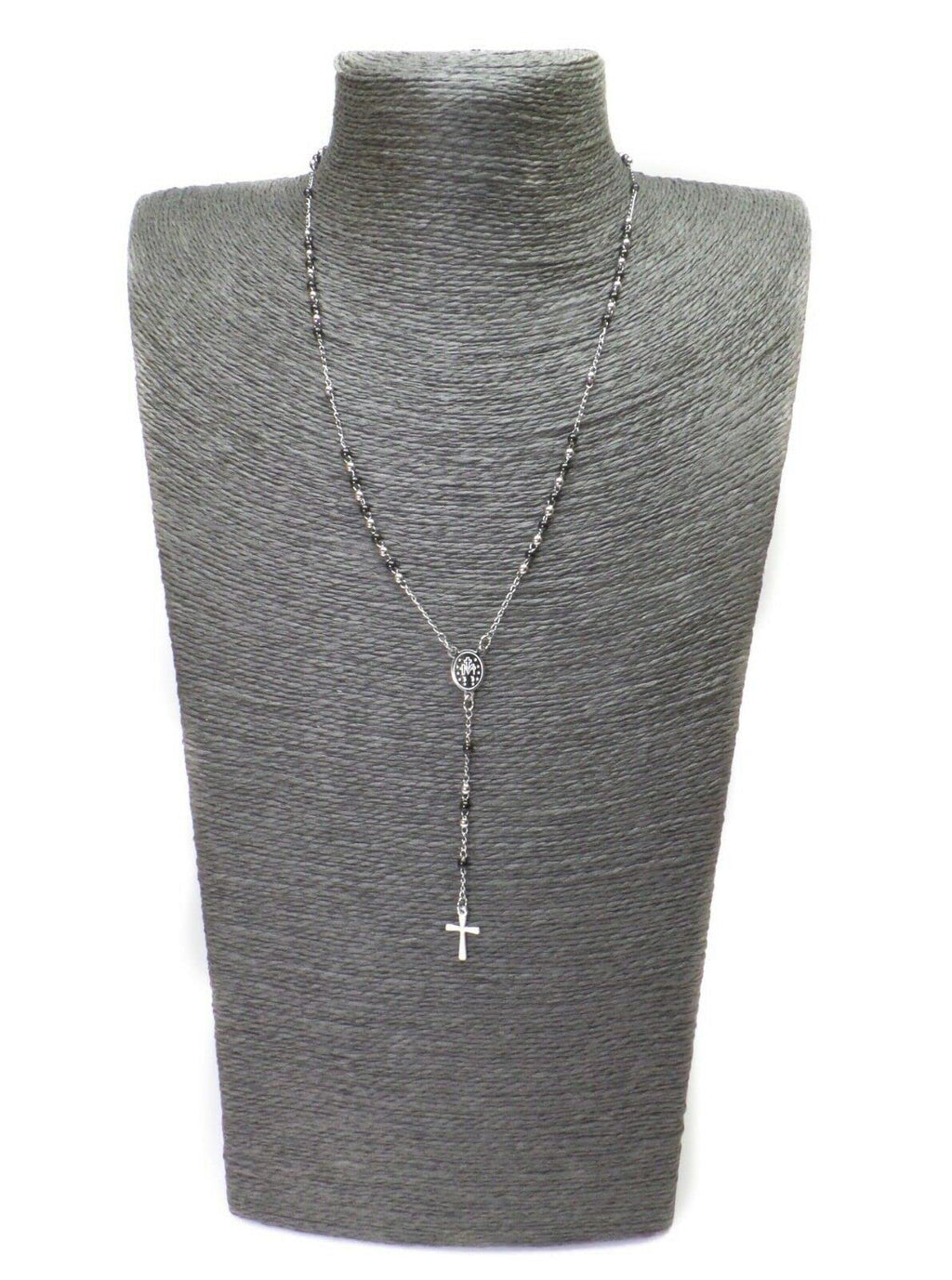 Habibi Jewels Collana Rosario in Acciaio da Uomo Donna Silver e Nero Grani Perline Medaglietta Madonnina e Ciondolo Croce Idea Regalo Compleanno Laurea Onomastico Comunione