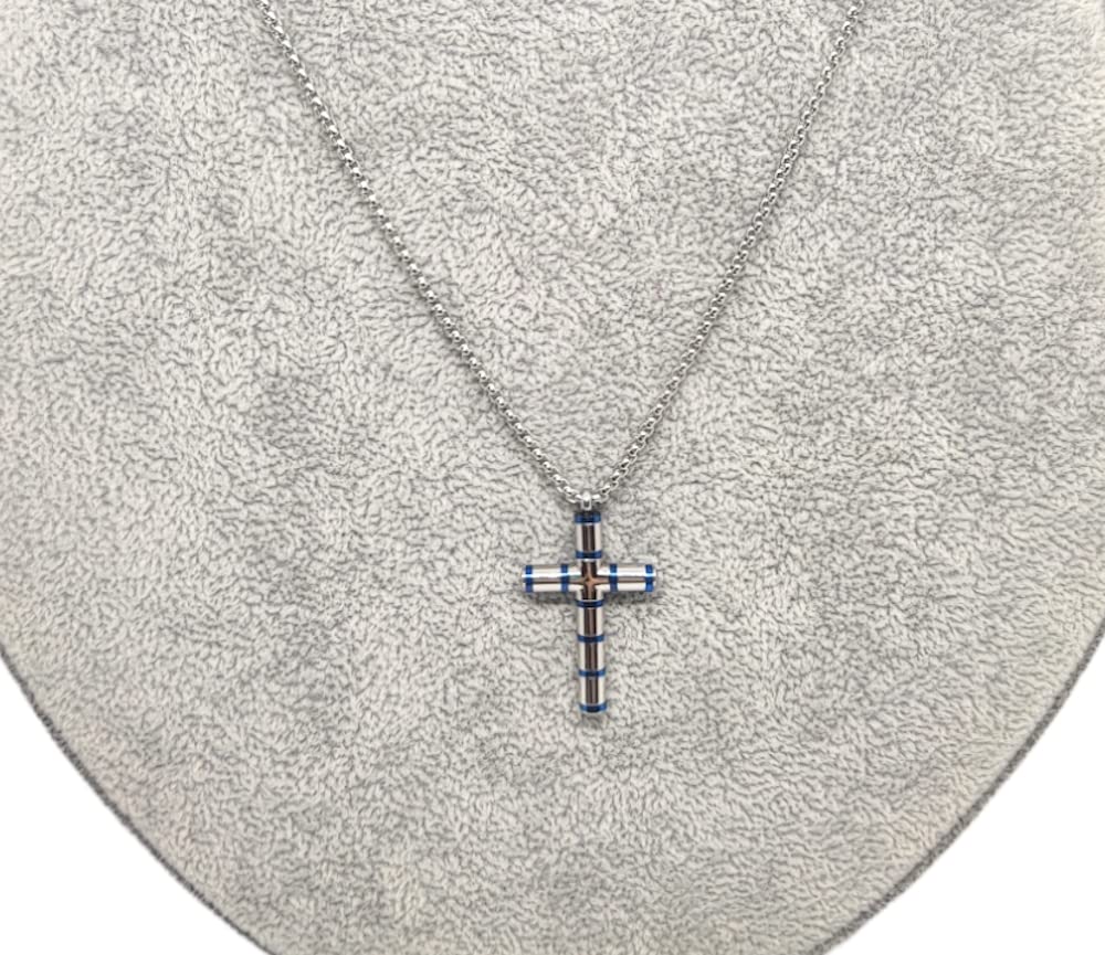 Habibi Jewels Collana Croce Acciaio Uomo Blu Lucida Catena a Maglia Festa del Papà Idea Regalo Compleanno Laurea