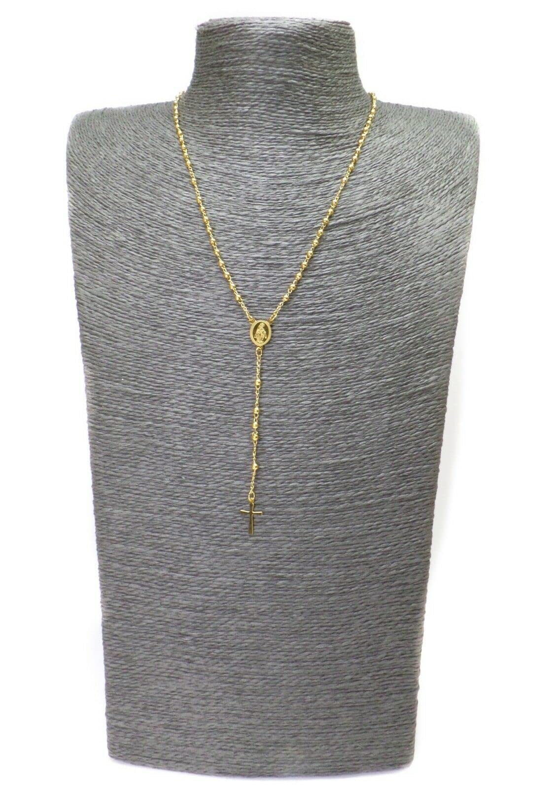 Habibi Jewels Collana Rosario in Acciaio da Uomo Donna Gold Grani Perline Medaglietta Madonnina e Ciondolo Croce Idea Regalo Compleanno Laurea Onomastico Comunione