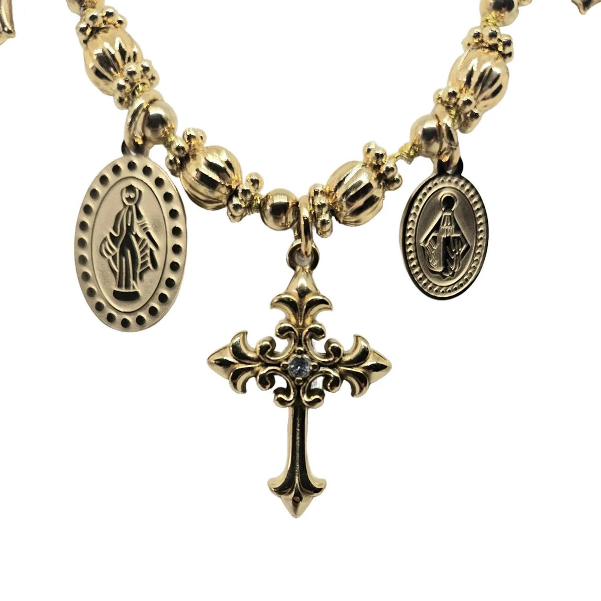Habibi Jewels Collana Acciaio Croce Centrale Madonnina Gold Dorato da Donna con Sfere Croci Brillantini e Catenina Pallinata Chiusura a Moschettone Lunghezza 45+5 cm Regalo Perfetto