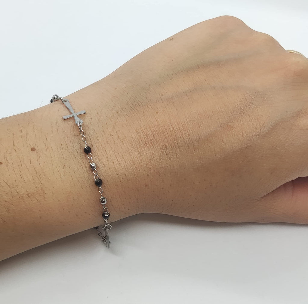 Habibi Jewels Bracciale Rosario in Acciaio colore Acciaio e nero da Uomo Donna con Croce e Medaglietta Braccialetto Unisex Crocifisso Compleanno Natale Idea Regalo Festa della Mamma