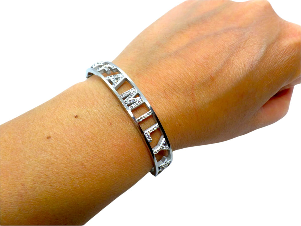 Habibi Jewels Bracciale FAMILY in Acciaio Inox Modello Rigido da Donna con Scritta Zirconi Bianchi Braccialetto Bracelet for woman Chiusura a Manetta Idea Regalo Compleanno Laurea Amicizia Amore
