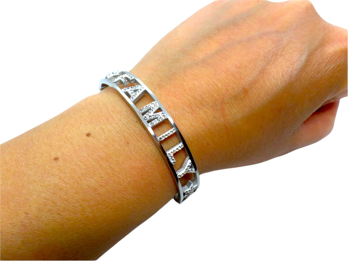 Habibi Jewels Bracciale FAMILY in Acciaio Inox Modello Rigido da Donna con Scritta Zirconi Bianchi Braccialetto Bracelet for woman Chiusura a Manetta Idea Regalo Compleanno Laurea Amicizia Amore
