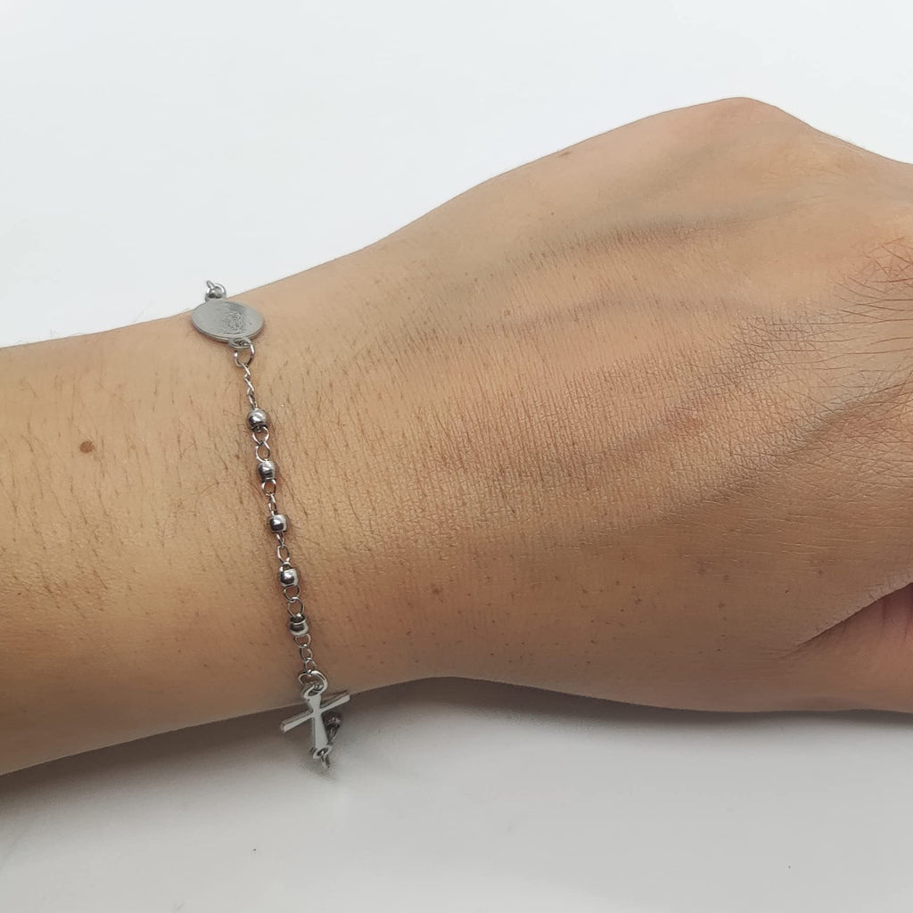Habibi Jewels Bracciale da Uomo Donna in Acciaio Modello Rosario con Croce e Medaglietta Braccialetto Compleanno Comunione Amicizia Amore Idea Regalo